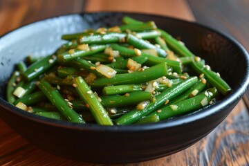 Sauted green beans with garlic and ginger in a black bowl