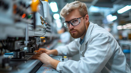 High angle view, in a clean modern factory, engineers working on high tech machines,generative ai