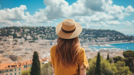 Gorgeous woman admiring the city of Nice, France from behind while holding her hat on the French Riviera. - obrazy, fototapety, plakaty