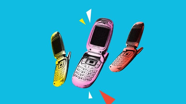 Stop motion. Modern creative animation. Vintage cell phone mobile device isolated blue background. Image in old paper style. Concept of youth culture, retro, technology. Copy space.