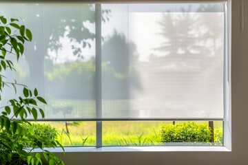 White roller blinds or curtains provide sun protection in an office with a garden view background