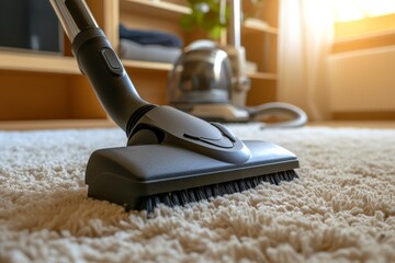 Turbo brush on professional vacuum cleans carpet Suitable for spring or regular cleaning - obrazy, fototapety, plakaty
