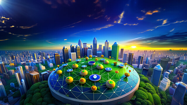 Aerial view Panorama in the city sky with smart services and icons