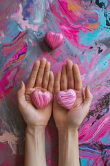 Women's hands hold pink hearts. Valentine's card
