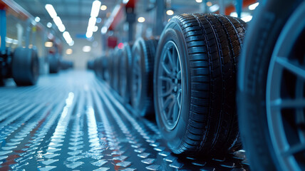 Close-up of rubber tire stacks at white modern car service center,generative ai