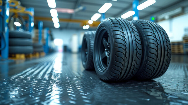 Close-up of rubber tire stacks at white modern car service center,generative ai