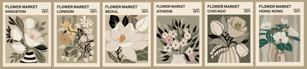 Set of Flower market prints. Abstract floral posters, trendy botanical wall arts in neutral colors. Scandinavian, japandi style modern home minimalist decorations, paintings. - obrazy, fototapety, plakaty