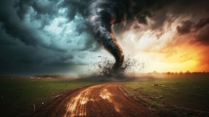 A huge tornado over an agricultural field. Disaster and threat of crop loss. Global climate change. A scene of devastation as a tornado engulfs the fields.