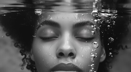 Serene Black and White Underwater Portrait of Young Woman