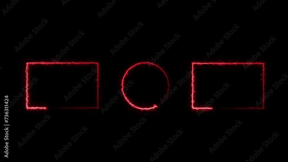 Poster rectangle and circle neon light frame red color animation. black background