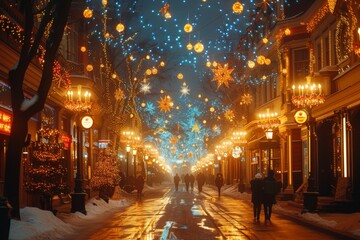 Fototapeta na wymiar A bustling winter wonderland, with a glowing street lined with buildings adorned in twinkling lights, a majestic christmas tree standing tall, as people walk through the snow-covered city streets, al