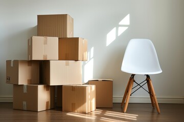 Stack of boxes and chair in new home