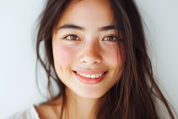Positive close up portrait of a happy smiling young woman posing beautifully in a studio against a white background The woman is of mixed Caucasian and Asian desc - obrazy, fototapety, plakaty