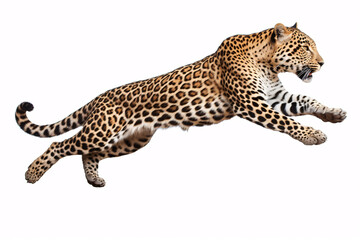 A leopard (Panthera pardus) springing, with its markings visible, against a white backdrop.
