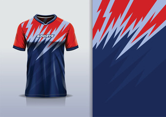 T-shirt mockup with abstract stripe line jersey design for football, soccer, racing, esports, running, in blue red color	