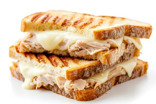 Tuna sandwich with melted mozzarella cheese on white background