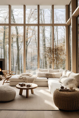 A light-filled living room with large windows, showcasing the beauty of Scandinavian design through a mix of natural materials and simple furnishings.