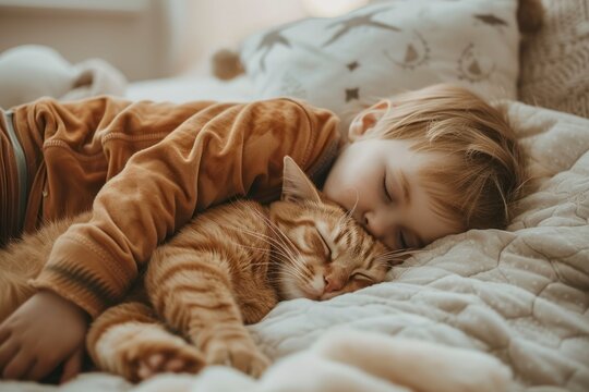 A toddler peacefully napping with a cat