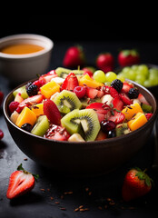 fruit salad in a bowl with a dark background