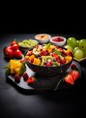 Bowl of fruit salad with small plates of fruits around it in dark  studio space