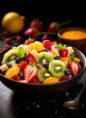 fruit salad in a bowl with fruits in the background