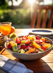 fruit salad with glass in background