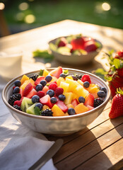 bowl of fruit salad on a wooden table with bowl of salad in the background