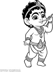 Little Krishna coloring page line drawing vector design, Outline baby Krishna Hindu god