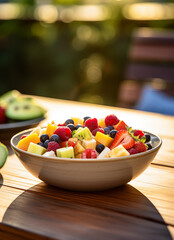 bowl of fruit salad on a wood table with fruit in the background