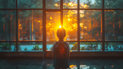 Obraz premium Small girl goes to preparatory school looking at illuminated windows in evening. Nervous preschooler walks to preparatory form for first time in back lit,,generative ai