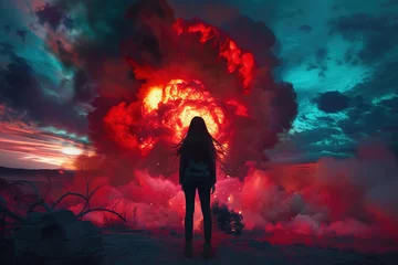 Foto op Plexiglas Woman stands in front of a nuclear explosion. Atomic bomb © Oleksandr
