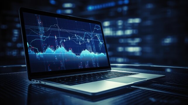 laptop on an office desk, displaying detailed analytics and blockchain graphs on its screen. Dive into the world of data analysis and blockchain technology with these captivating images