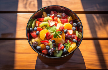 fruit salad from above on a wooden table