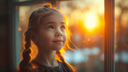 Small girl goes to preparatory school looking at illuminated windows in evening. Nervous preschooler walks to preparatory form for first time in back lit,,generative ai