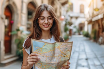 A female traveler using a map to explore European destinations.