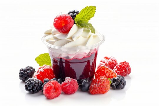 Whipped cream and fresh berries in a plastic cup alone on a white background