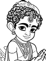 Little Krishna coloring page line drawing vector design, Outline baby Krishna Hindu god