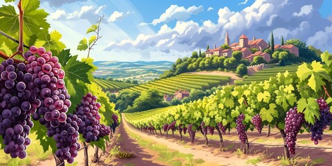 French vineyard in Burgundy with wine tasting, renowned grapes, Bordeaux landscape, serene winery, delectable French wine, and Cabernet grape harvest. - obrazy, fototapety, plakaty