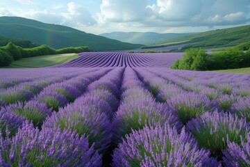 A majestic field of violet lavender stretches towards the distant mountains, a peaceful and vibrant landscape embraced by the clear blue sky and rolling clouds