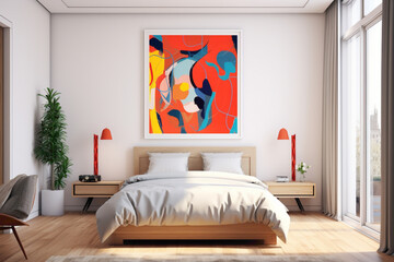 A fusion of modernity and color, a bedroom featuring an empty frame against a wall accented with vibrant, abstract artwork.