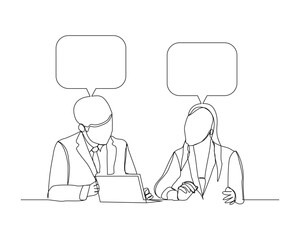Continuous single line sketch drawing of two man and woman coworker talking something on laptop, bubble chat talk. One line art of office worker employee vector illustration