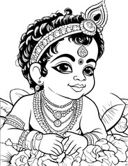 Little Krishna coloring page line drawing vector design, Outline baby Krishna Hindu god