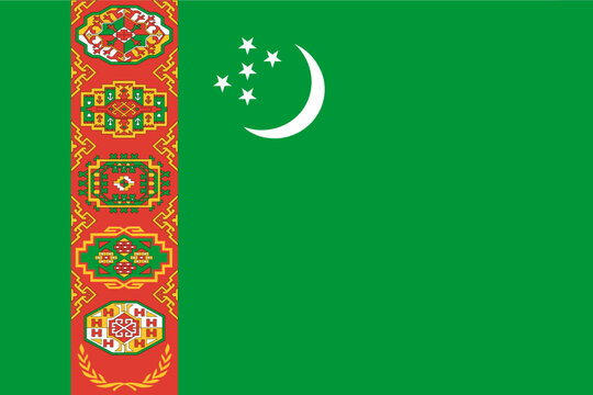 Close-up of national flag of Asian country of Turkmenistan with colorful pattern and stars with crescent moon. Illustration made February 14th, 2024, Zurich, Switzerland.