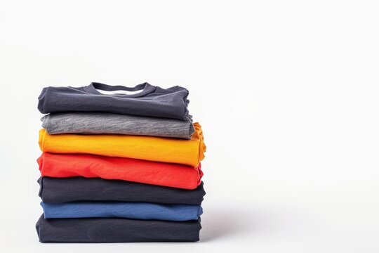 Pile of t shirts on blank backdrop room for text