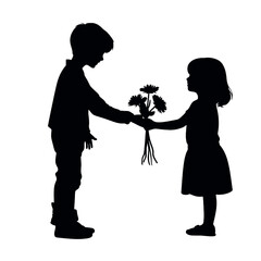 little boy giving flower to little girl in silhouette