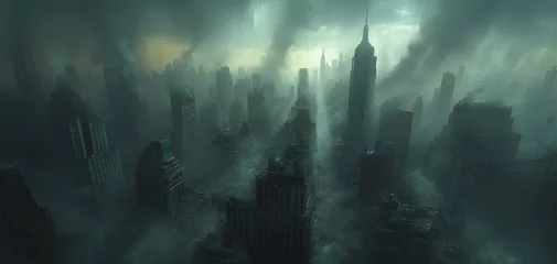 Poster photo of a city experiencing a thunderstorm with a scary and dark background © Hamsyfr