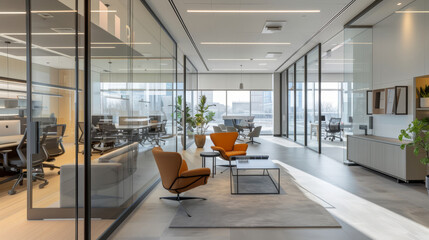 Modern corporate office lounge with sleek furniture and panoramic windows offering a cityscape view.