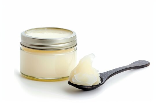 Spoonful of white petroleum jelly in a white jar on a white background