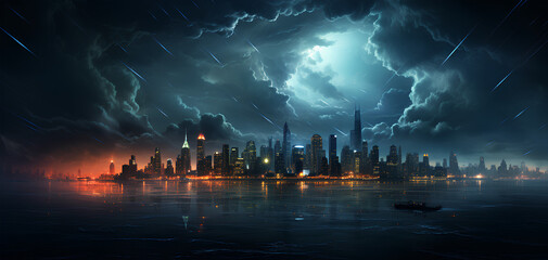 photo of a city experiencing a thunderstorm with a scary and dark background