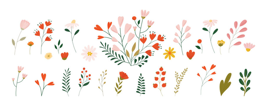 Hand drawn wild field flora, flowers, leaves, herbs, plants, branches. Minimal floral botanical art. Vector illustration for greeting card, invitations, save the date card.	